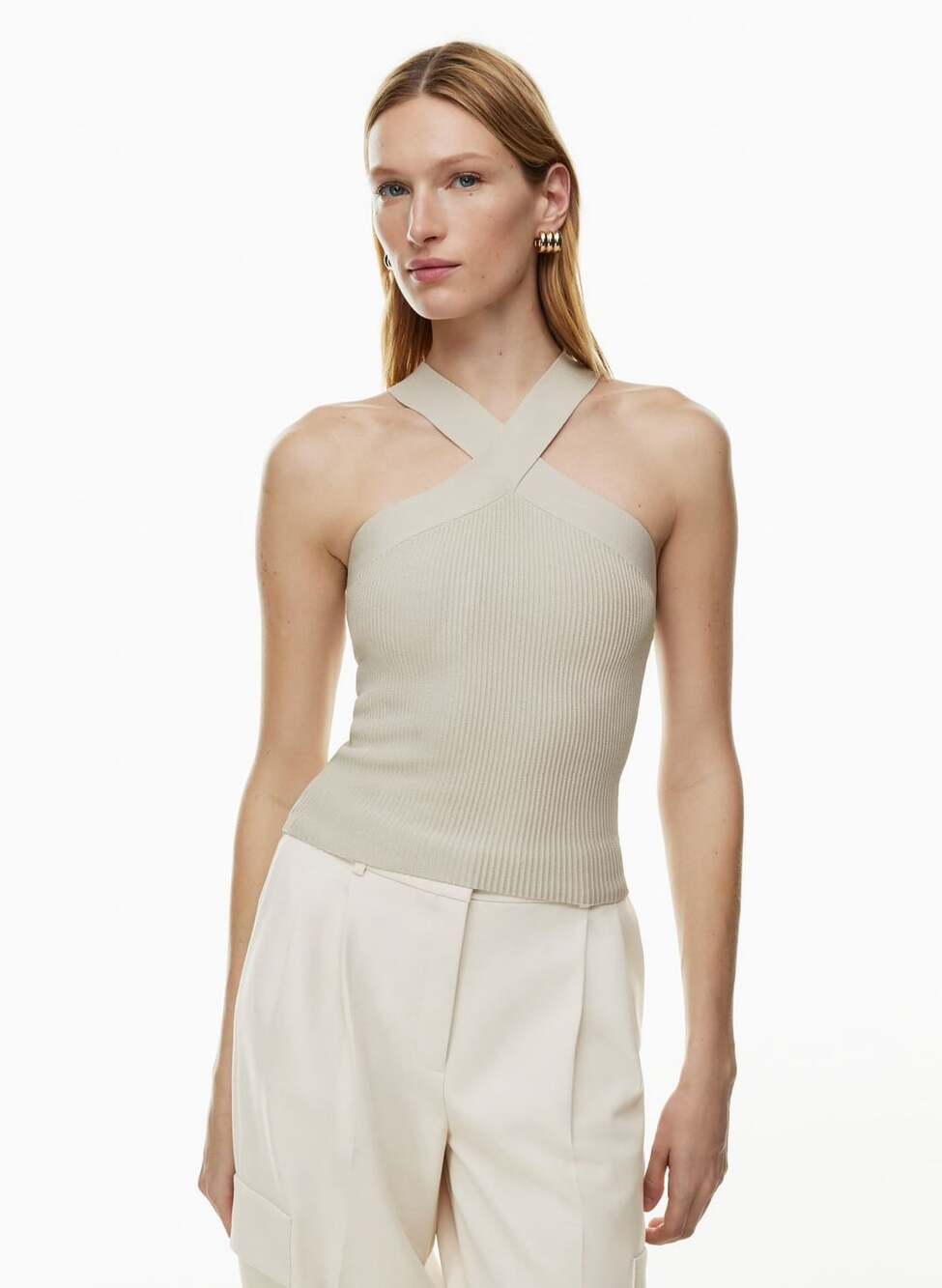 Babaton Sculpt Knit Crisscross Tank Size M Beige Halter Top